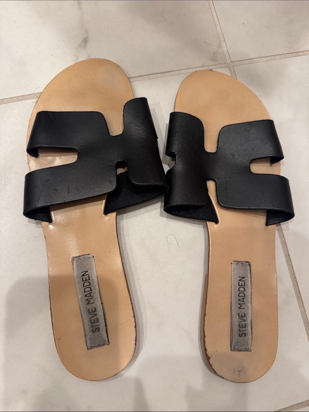Steve Madden Black Leather Cutout Slide Sandals